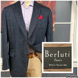 Berluti Alpaca Linen Blazer Jacket Sport Coat Mens 48R Navy/Black Chambray Italy
